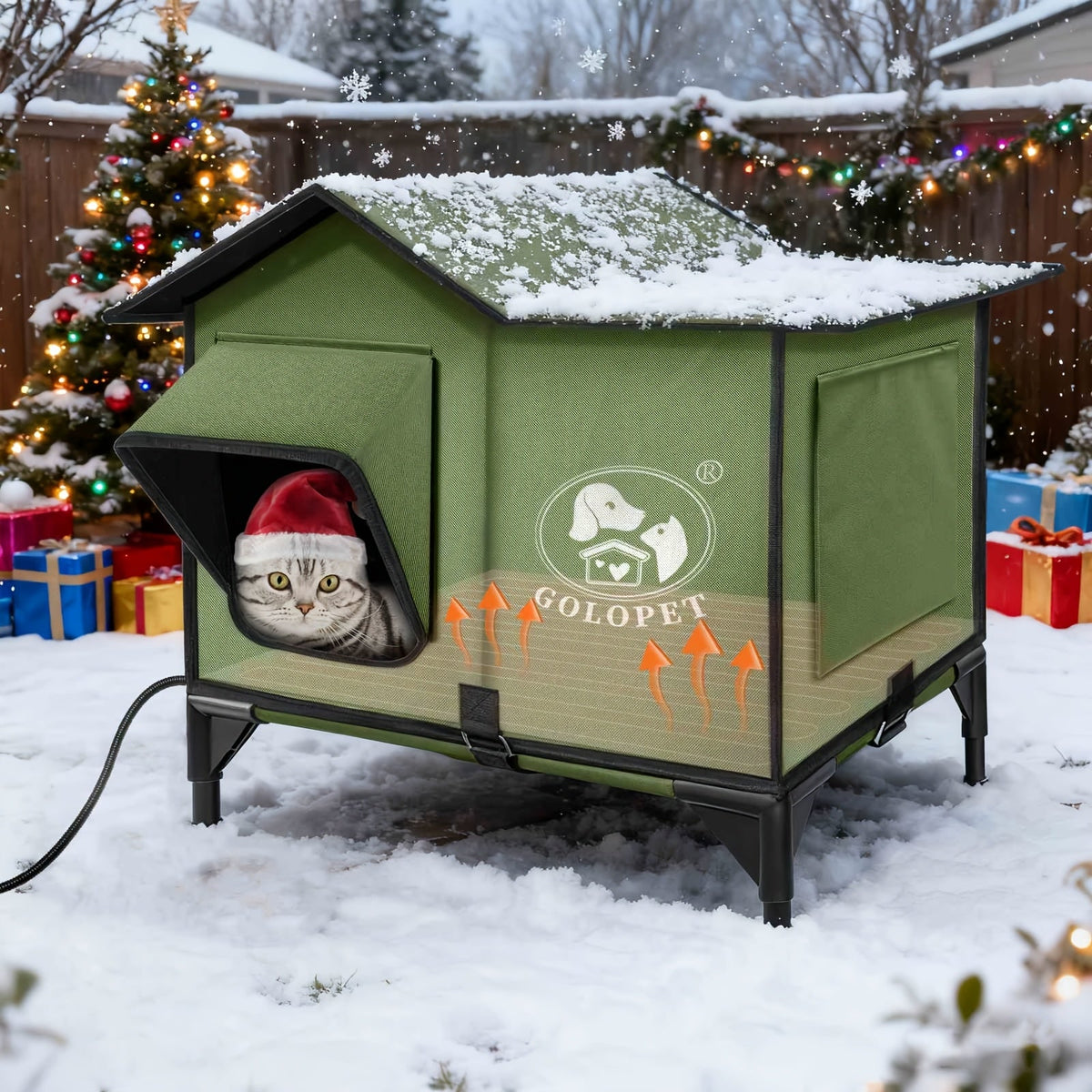Elevated Cat House & Dog Bed with Detachable Heating Pad – Raised Outdoor Indoor Pet Bed for Cats Small Dogs