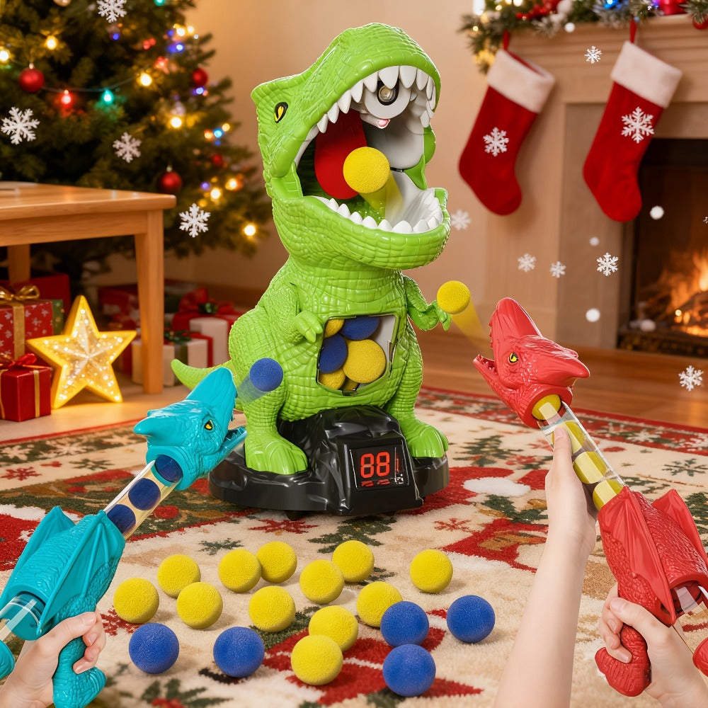 Dinosaur Shooting Game Toy with Sound Light & Spray, Movable Dino Target Launcher Set with Foam Bullets & Goggles for Boys Kids Ages 3+