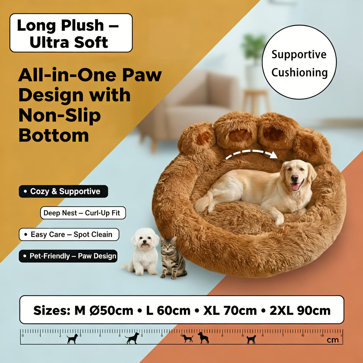 Bear-Paw Round Plush Pet Bed in Coffee, Pink or Gray with Four Weight-Labeled Size Options