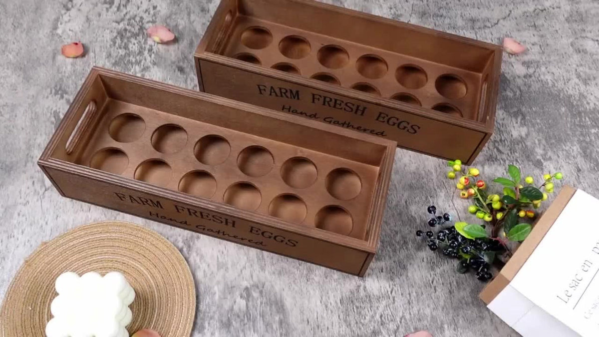 Farmhouse Wooden Egg Holder Rack 2pcs – 24 Egg Storage Display with Handle for Kitchen, Farm, Easter