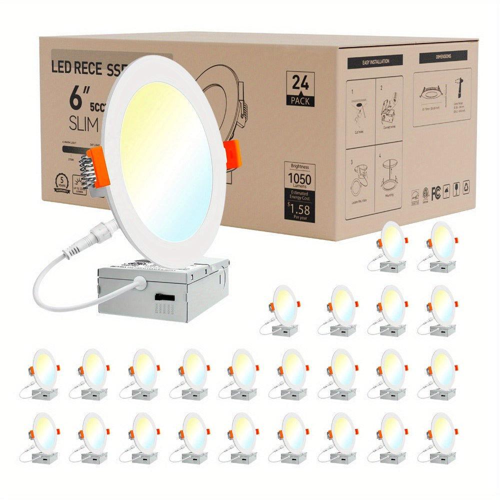 6 Inch LED Recessed Light 5CCT Selectable Dimmable – 12W 1050LM, 2700K-5000K, ETL Listed Slim Canless Downlight for Kitchen