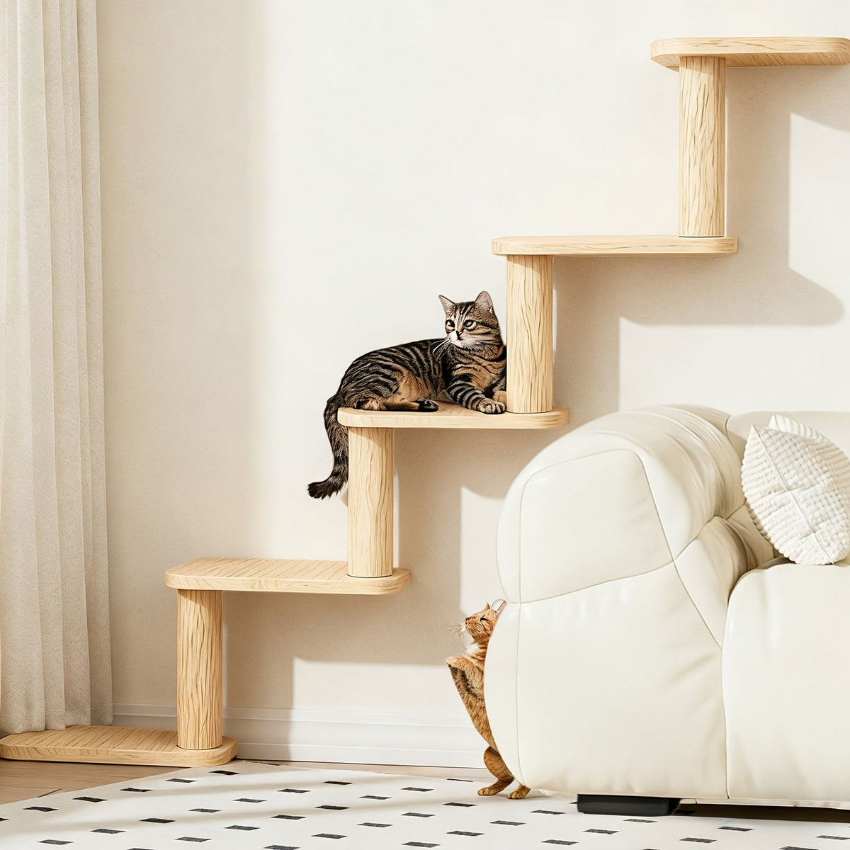 Five-Step Wall-Mounted Cat Tree with 85cm Vertical Wood Frame and Staggered Rectangular Platforms
