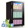 Beverage Refrigerator with Glass Door, Mini Drink Cooler Fridge with Blue LED Light, 3 Adjustable Shelves & R600a Compressor