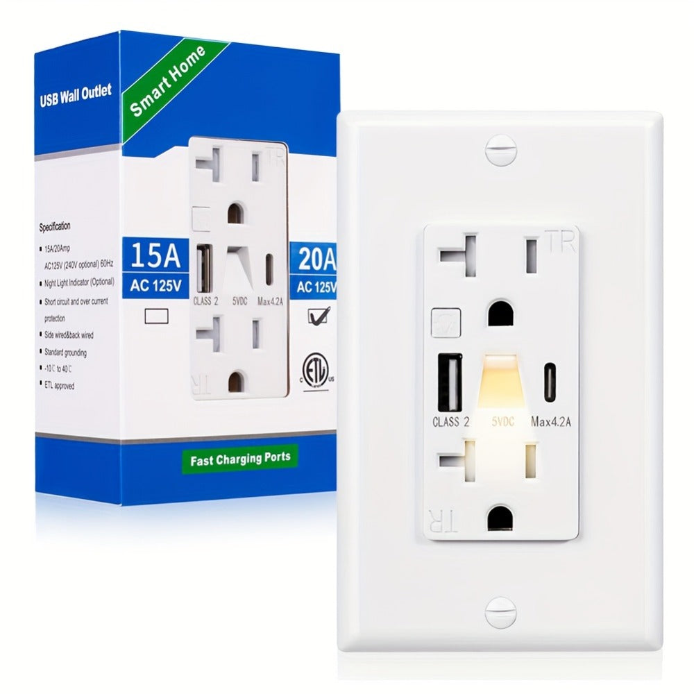 USB Wall Outlet with Night Light 20A 125V Tamper-Resistant - Type A & Type C Ports 5V 4.2A for Entryways, Bedrooms and Living Spaces