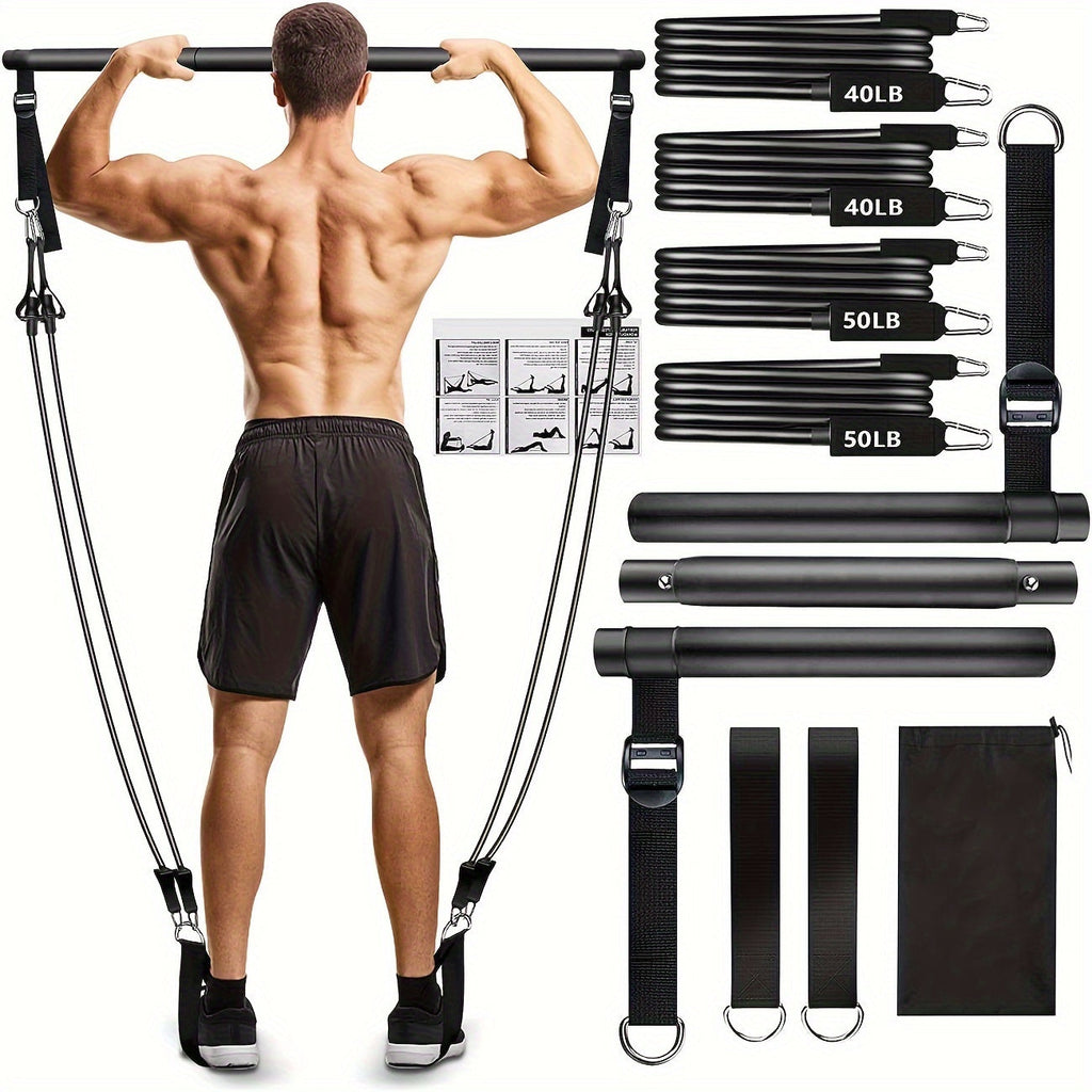 3-Section Pilates Bar Kit – 4 TPE Resistance Bands (40-50 lbs), 2 Ankle Straps & Storage Bag for Legs, Hips