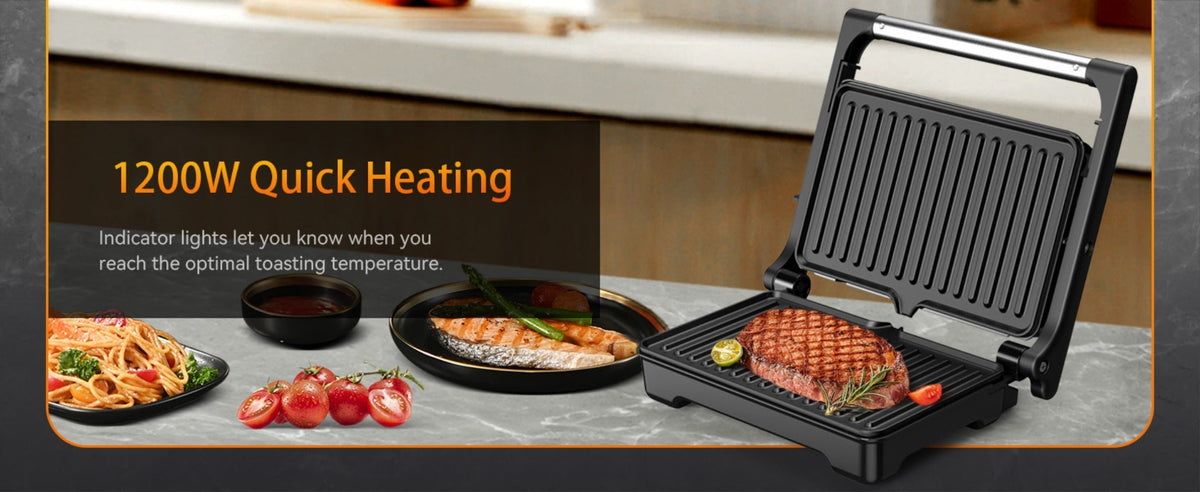 Panini Press Sandwich Maker 1200W, Non-Stick Cast Aluminum Grill with 180-Degree Opening, 2-Slice Panini Maker with Indicator Lights