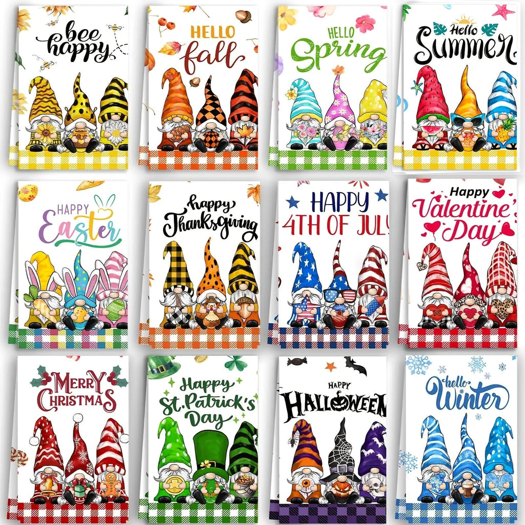 Twelve-Piece Seasonal Gnome Kitchen Towel Set, 14 x 21 Inches Each with Spring-to-Winter Prints