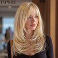 Synthetic Wig 14-Inch Golden Layered Straight Style with Full Bangs and Glueless Rose Net Cap