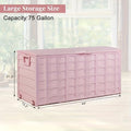 75-Gallon Outdoor Deck Storage Box with Hinged Lid, Side Handles and Pink or Green Options