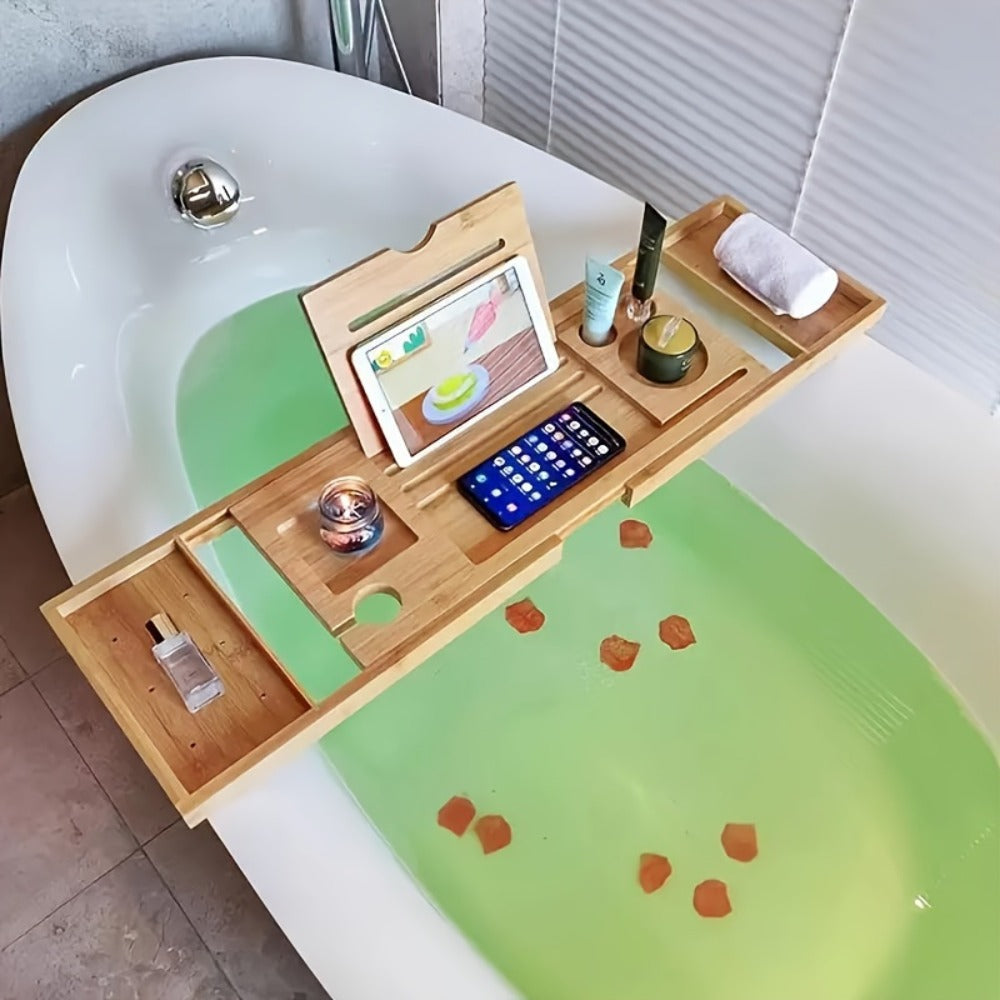 Bamboo Bath Caddy Tray with Adjustable Reading Rack - Expandable Bathtub Tray, Space-Saving Bathtub Organizer for Books