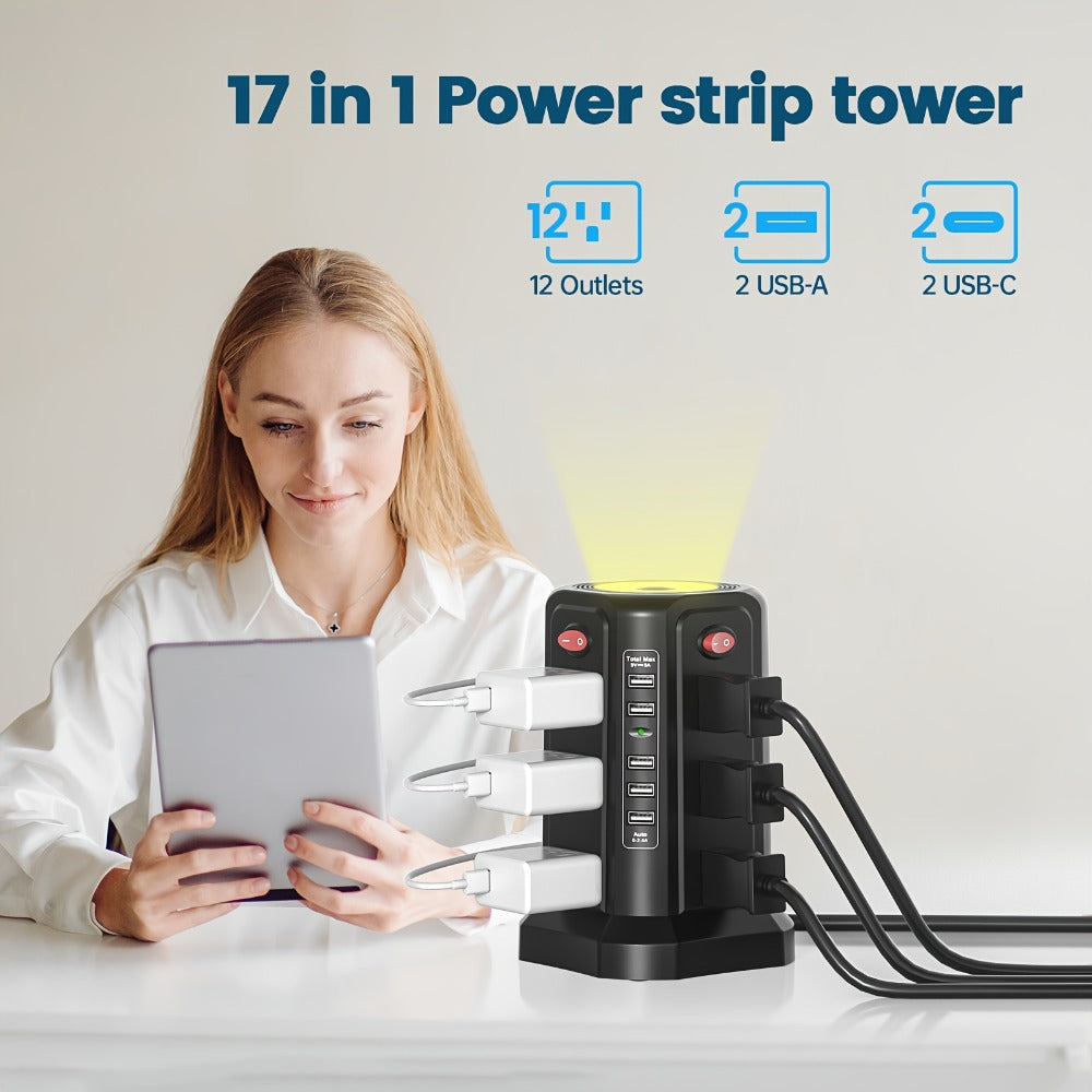 Night Light Power Tower Surge Protector 17-in-1, 12 AC Outlets & 5 USB Ports, 10.2ft Extension Cord