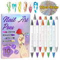 Nail Art Pens Set 10 Metallic Colors with 12pcs Nail Stickers – Dual-Headed 3D Acrylic Polish Markers for Doodle Dot Line Stitching Graffiti