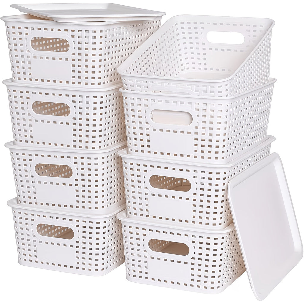 Shelf Storage Organizer Bins with Lids 4 or 8 Pack, Stackable 10 x 7 x 4 Inch Boxes in Four Colors