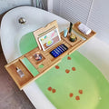 Bamboo Bath Caddy Tray with Adjustable Reading Rack - Expandable Bathtub Tray, Space-Saving Bathtub Organizer for Books