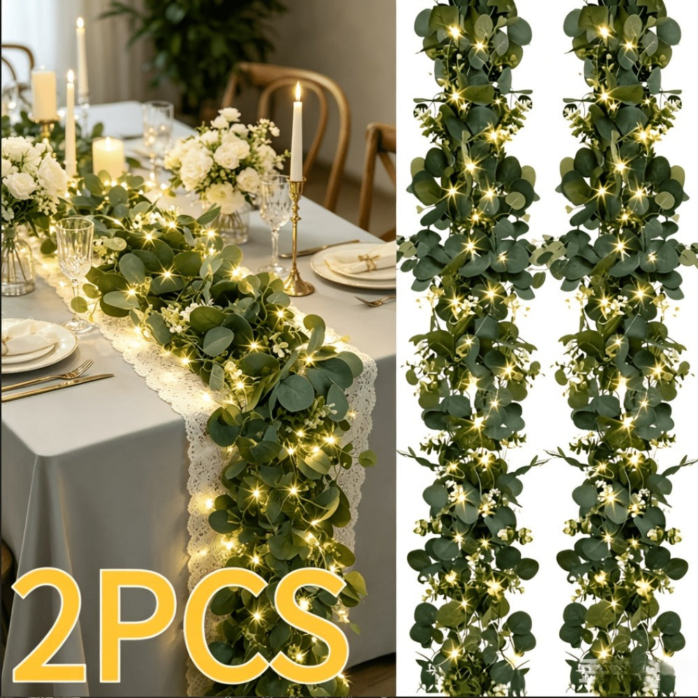 Lighted Eucalyptus Wreath Garland 6FT LED 2 Pack - Artificial Green Vine with Lights for Wedding Centerpiece
