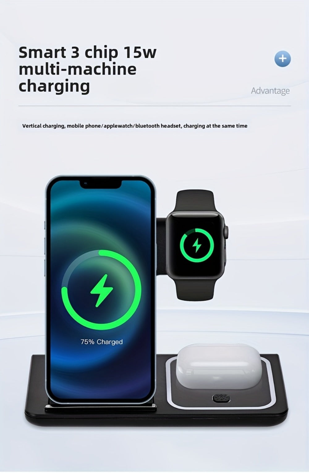 Wireless Charging Station, 3-in-1 15W Upright Stand with QC3.0 Adapter for iPhone, Watch and AirPods Models