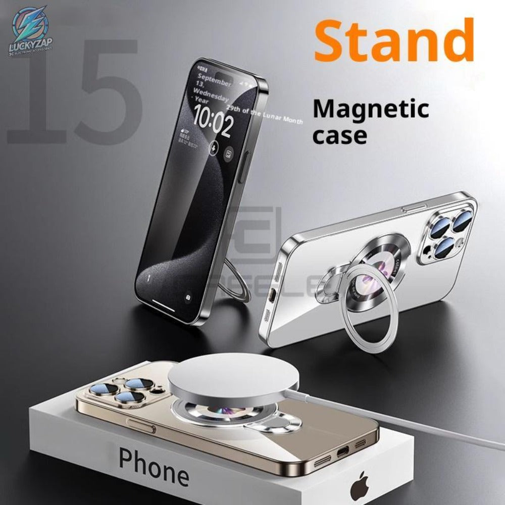 Magnetic iPhone Case Electroplated PC Shockproof Clear Back U-Shield Kickstand Lens Protector for iPhone 17 Pro Max 17 Pro 17 Air 17 16 15