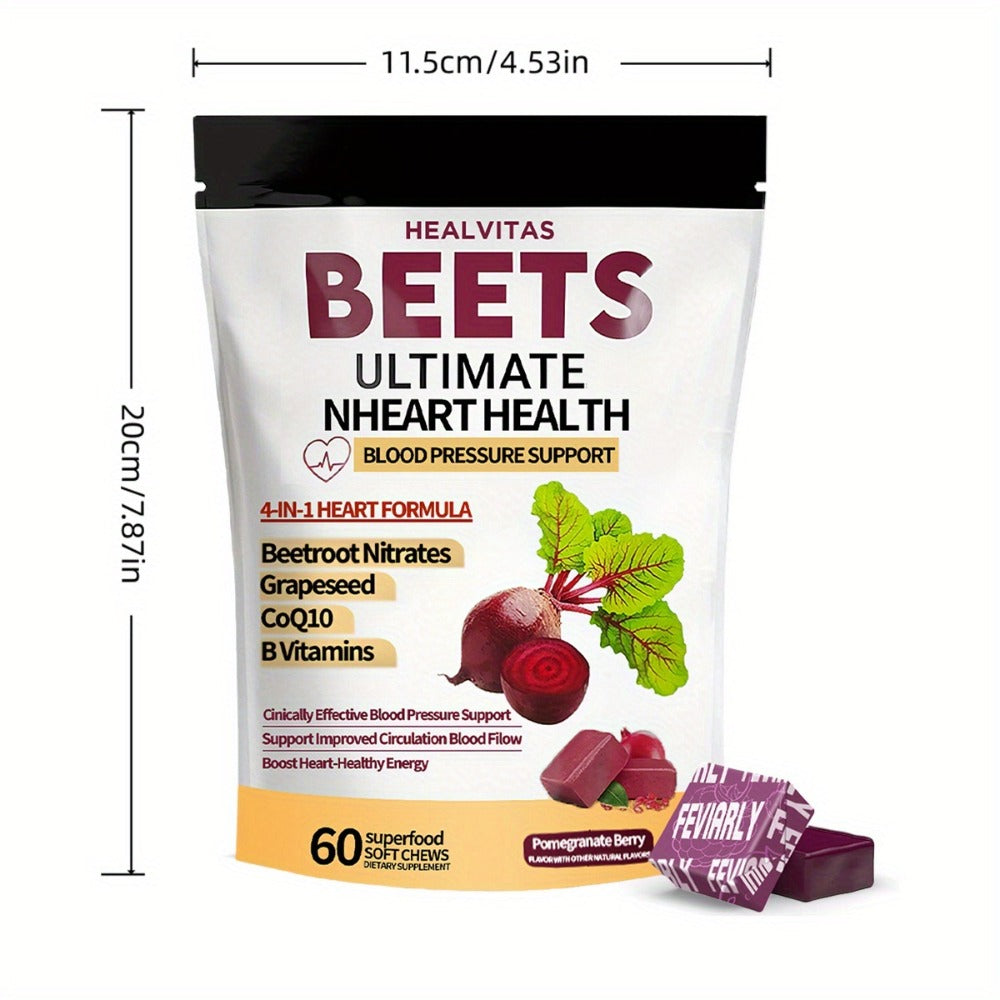 Beetroot Gummies with CoQ10, Grape Seed Extract & Multivitamins, Blood Pressure Support, Heart Health