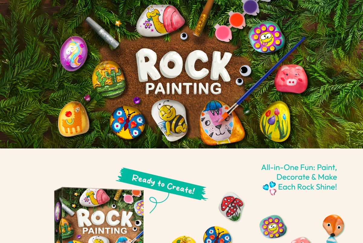 Rock Painting Craft Kit with 10 Stones, 16 Paint Colors, Brushes, Gems, Glitter and Stickers