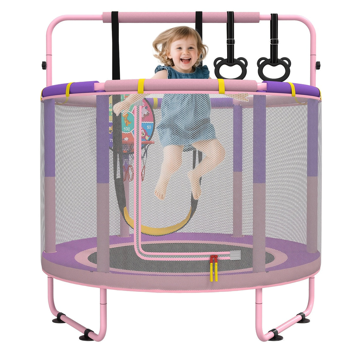 60 Inch Kids Trampoline 6-in-1 with Safety Net Enclosure, Basketball Hoop, Swing, Dart Board & Gymnastic Rings