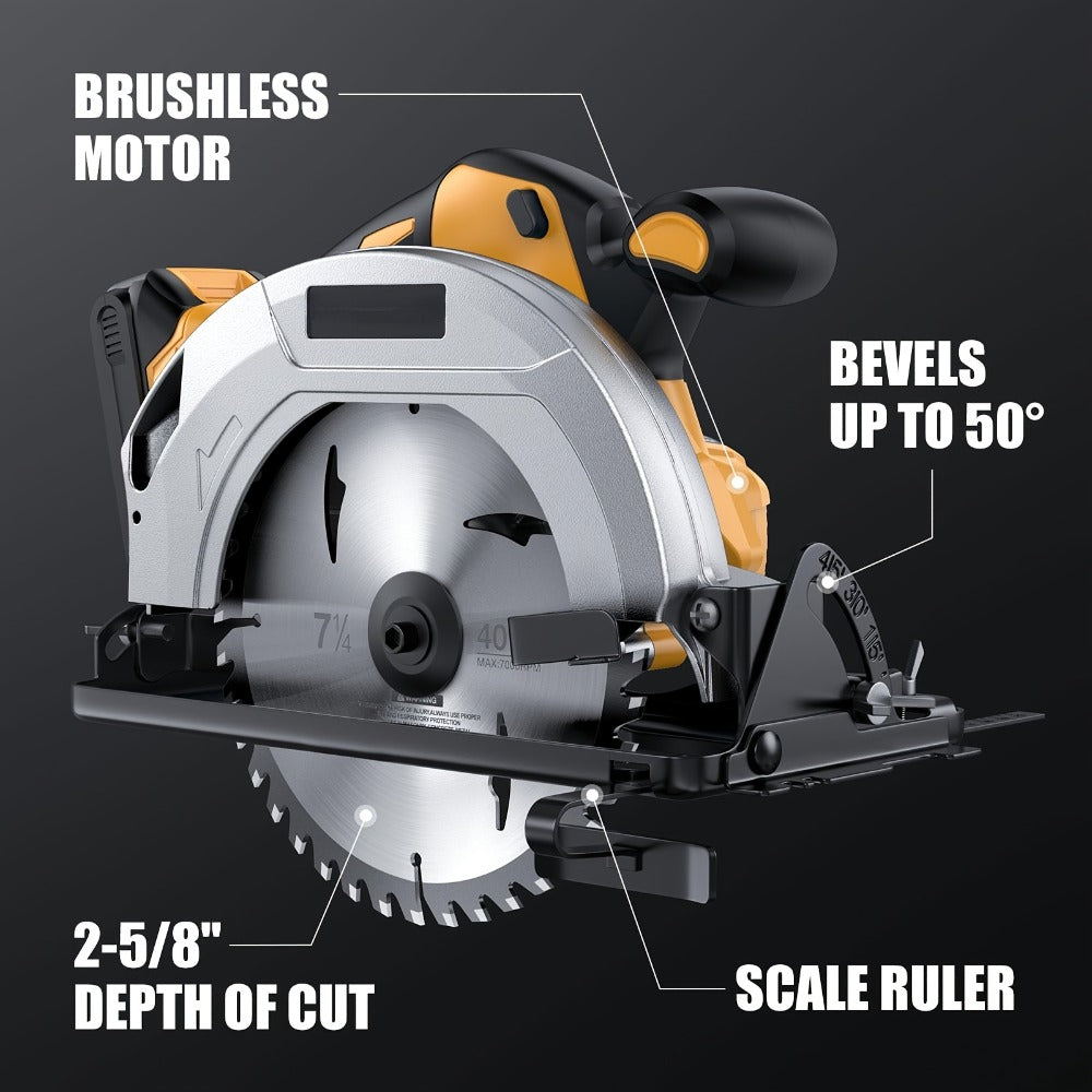 Brushless Cordless Circular Saw for Dewalt 20V MAX Battery – 7-1/4 Inch 0-50° Bevel Cut Electric Saw with Saw Blades Included