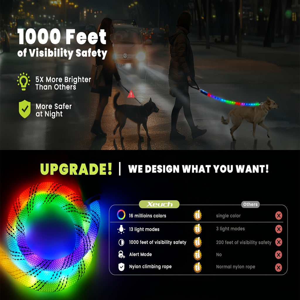 Four-Foot LED Dog Leash with Rechargeable Multicolor Light Strip, Rotating Hook and 13 Pictured Modes