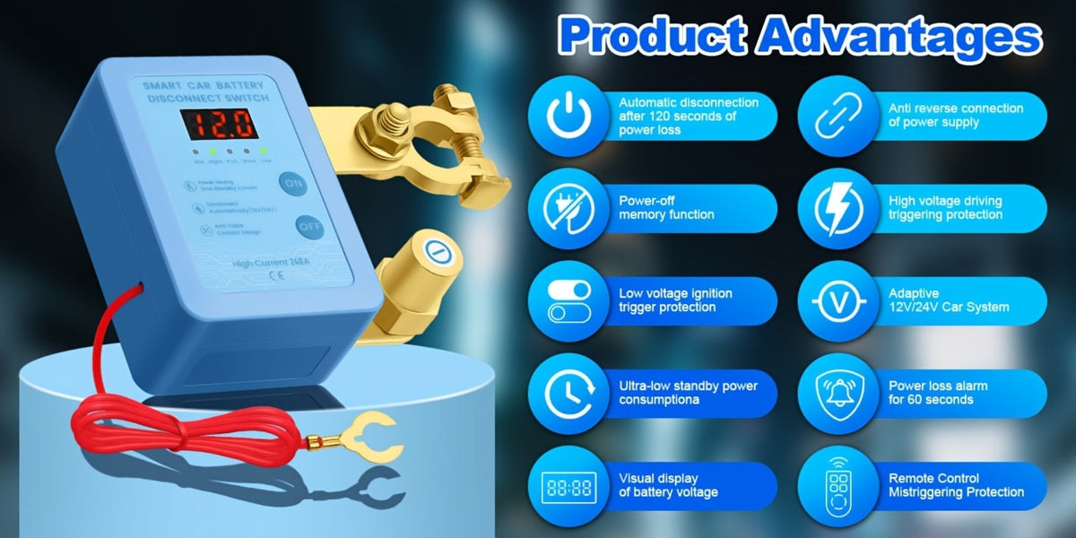 Car Battery Auto Power Off Switch with LED Voltage Display – 12V/24V Anti-Drain Protection, Low Voltage Alarm