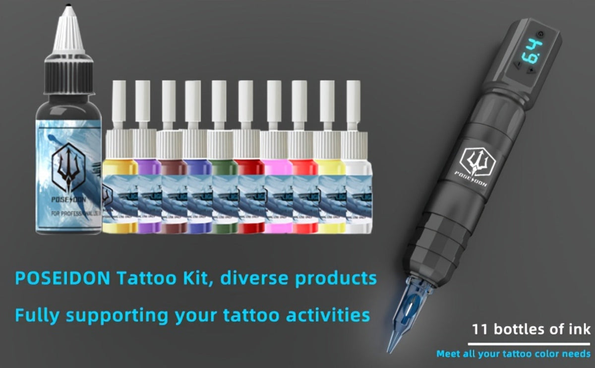 Tattoo Machine Kit POSEIDON TK035 Wireless Rotary Pen with LCD, 1500mAh Battery, 20 Cartridges and Practice Supplies
