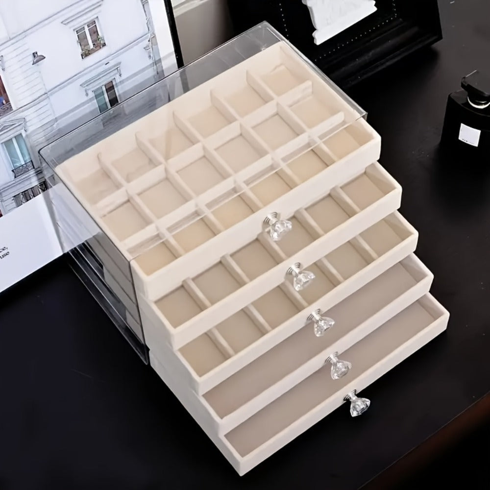 Jewelry Organizer 5-Tier 56-Grid Drawer Box in Gray or Beige for Rings, Earrings, Brooches and Hair Clips