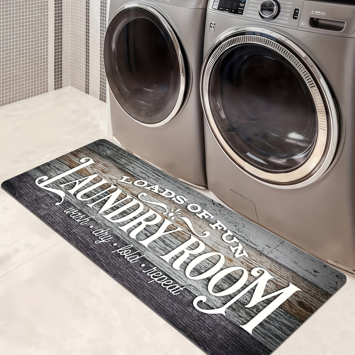 Non-Slip Laundry Room Mat Wood Grain Design – Heavy Duty Washable Rubber Backing Carpet | Rustic Dark Brown & Gray Kitchen Bathroom Rug |