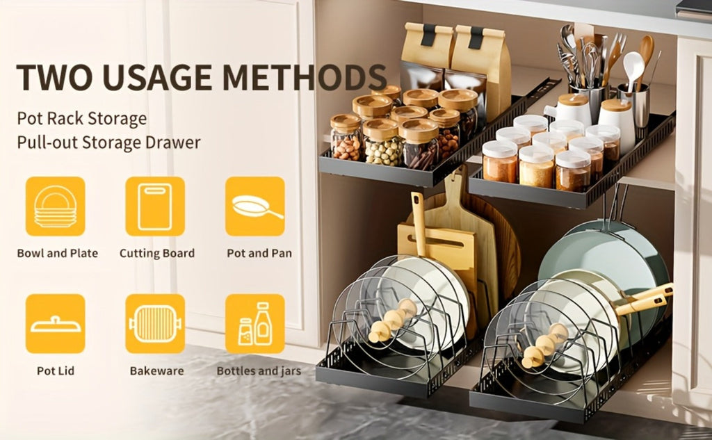 Pull-Out Pot and Pan Organizer with Sliding Cabinet Base, Eight Adjustable Dividers and One- or Two-Pack Options