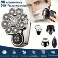 Nine-Head Rotary Electric Shaver Kit with Four Grooming Attachments, LED Display and Silver Finish