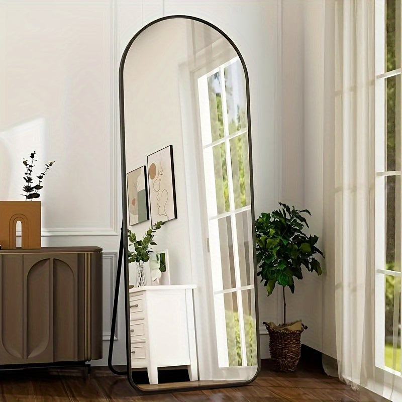 Full Length Mirror 59"x16" Arched Leaning Wall Mirror, Aluminum Alloy Thin Frame, Vertical or Tilted, Black & Gold