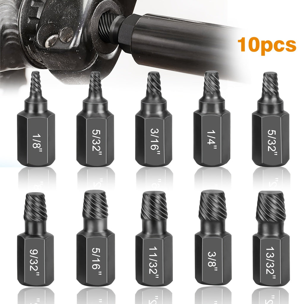 Ten-Piece Screw Extractor Set with Left-Hand Spiral Heads, Hex Drive Ends and Sizes from 1/8 to 13/32 Inch