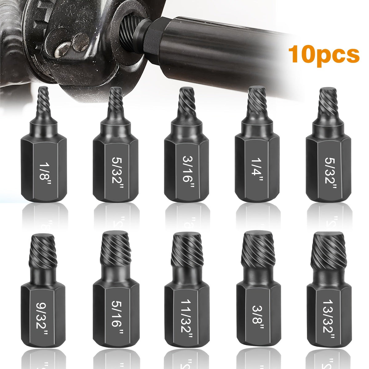 Ten-Piece Screw Extractor Set with Left-Hand Spiral Heads, Hex Drive Ends and Sizes from 1/8 to 13/32 Inch