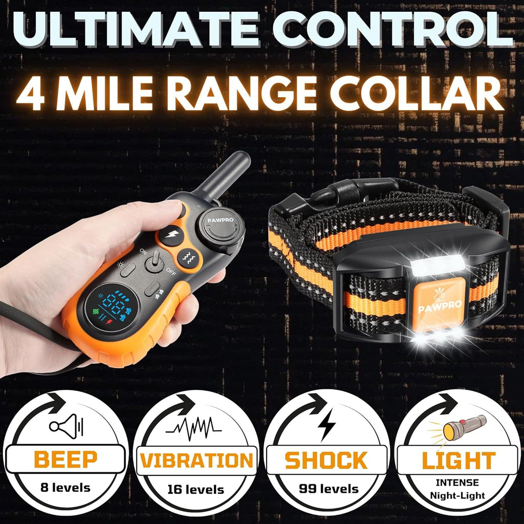 Dog Training Collar PAWPRO Remote Set with 4-Mile Range, Beep, Vibration, Static Stimulation and LED Modes