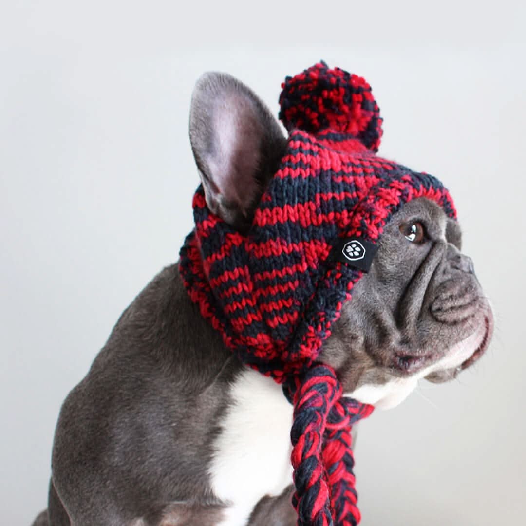 Knit Pom-Pom Dog Beanie, Hat - RedBlack / S (10-15lbs/4.5-7kg)