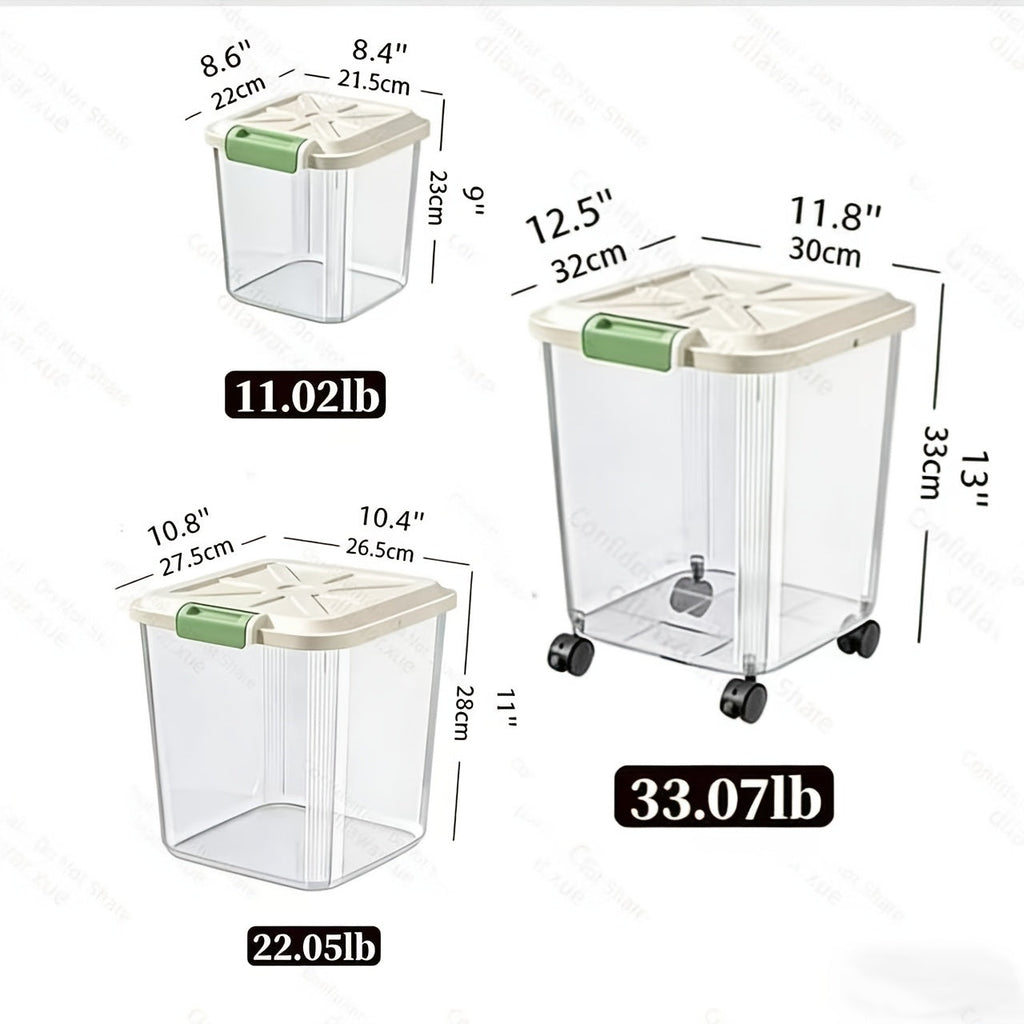 Transparent Rolling Pet Food Bin with Scoop and 11lb, 22lb or 33lb Capacity-Labeled Options