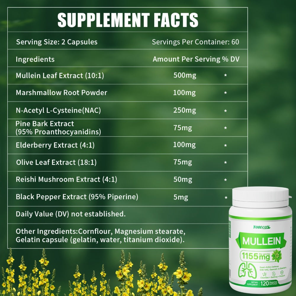 Mullein Lung Cleanse Capsules with NAC 45000mg – Mucus Removal, Dry Cough Relief & Respiratory Support Supplement for Women & Men