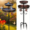 Two-Tier Bird Bath and Feeder with 5-Claw Ground Stake, Copper-Color Bowls and Leaf Accents