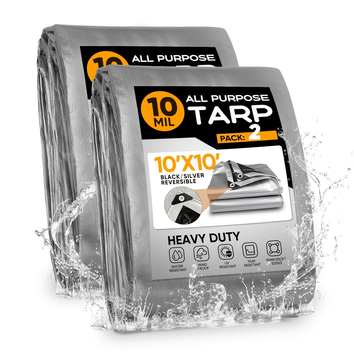 Tarp 2-Pack 10Mil 150GSM Black Silver, Tear-Proof Polyethylene Cover with Reinforced Grommets for Roof Pool Boat Car Camping & Outdoor