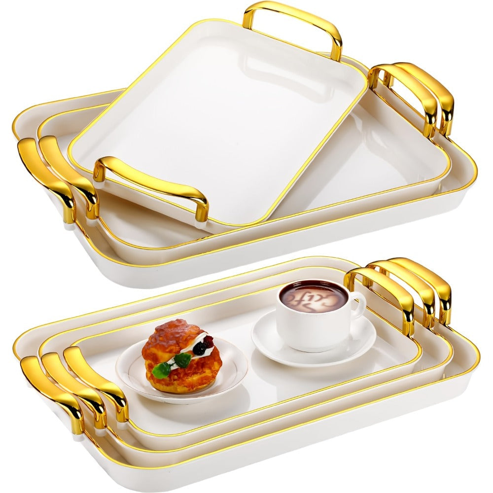 3-Piece Rectangular Serving Tray Set with Handles, Plastic Food Trays for Parties, Dinners & Gatherings