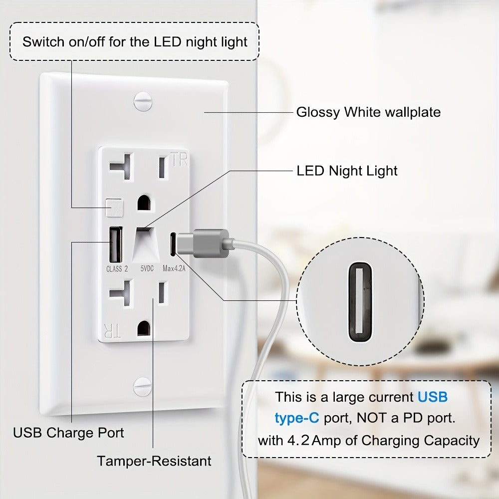 USB Wall Outlet with Night Light 20A 125V Tamper-Resistant - Type A & Type C Ports 5V 4.2A for Entryways, Bedrooms and Living Spaces