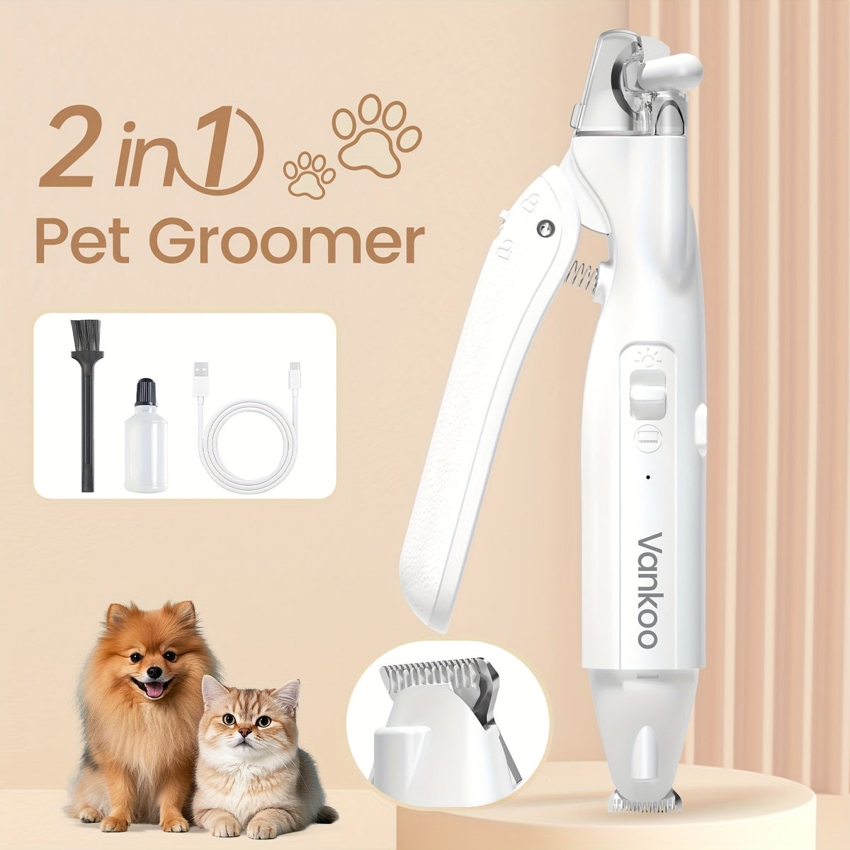 2-in-1 Pet Grooming Clipper with LED Light – Rechargeable Nail Cutter & Paw Hair Trimmer for Dogs & Cats | Precision Trimming for Paws