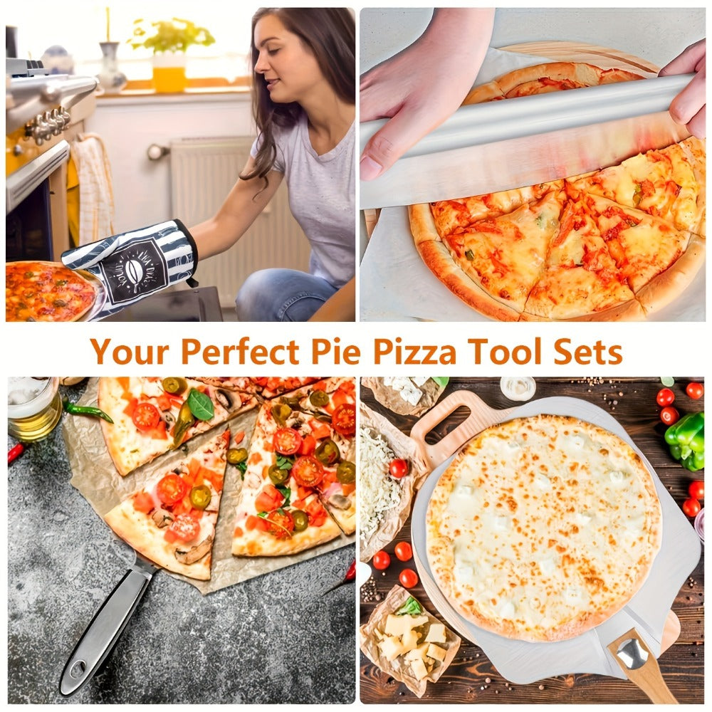 Pizza Making Set with Pizza Peel, Nonstick Pizza Pan, Perforated Pan, Pizza Cutter, Oven Mitts, Pie Server & Basting Brush