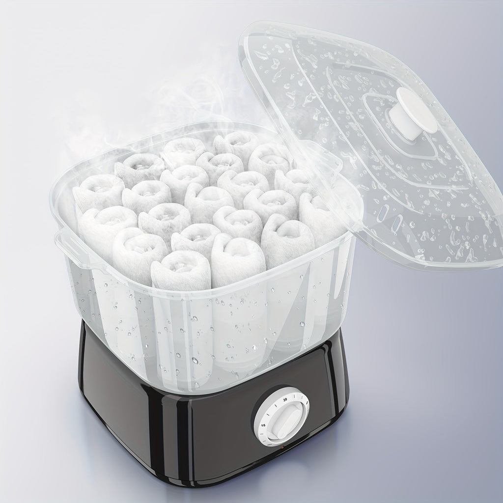 Compact Countertop Towel Steamer with Rotary Control, Black or White Base and Removable Clear Container
