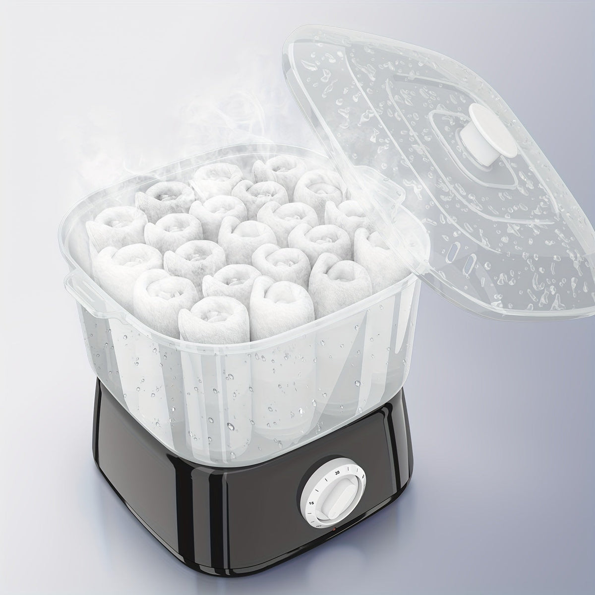 Compact Countertop Towel Steamer with Rotary Control, Black or White Base and Removable Clear Container