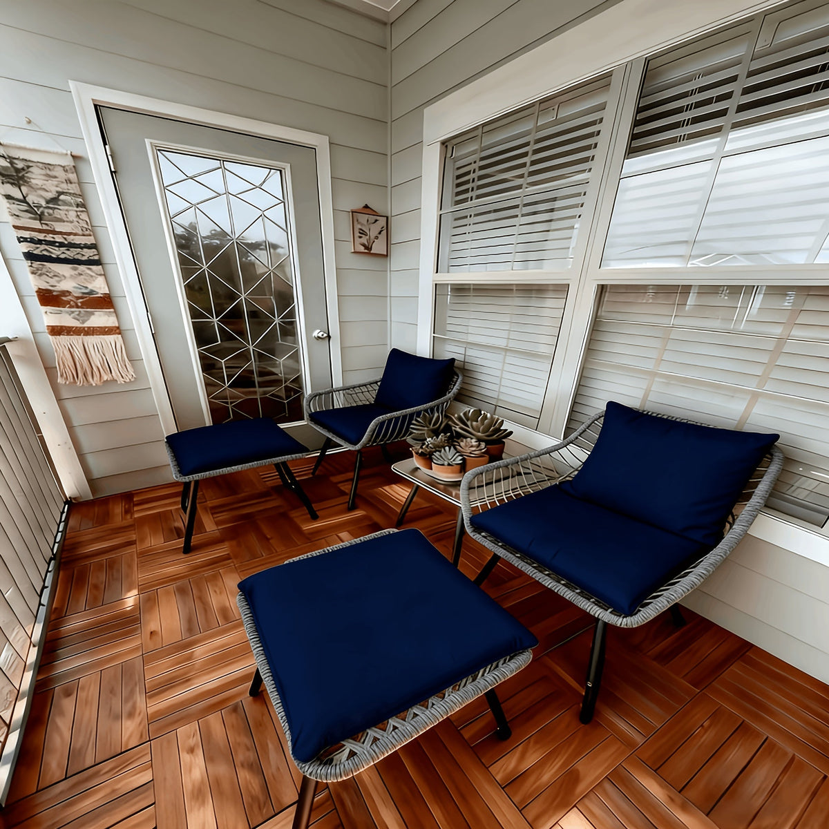 Five-Piece PE Rattan Patio Set with Two Chairs, Two Footstools, Round Glass Table and Gray-Blue Cushions