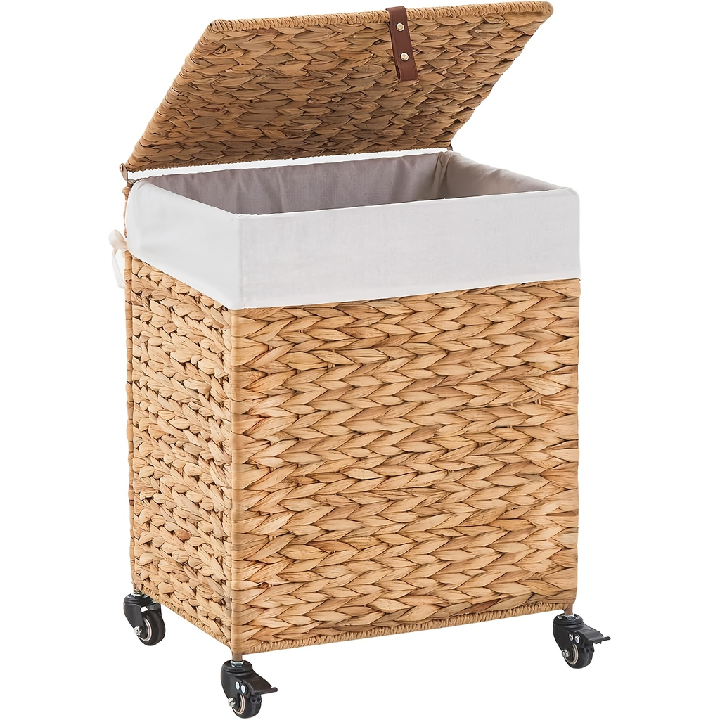 Laundry Basket with Lid & Handles – Handwoven Water Hyacinth Wicker Hamper, Removable Cotton Liner