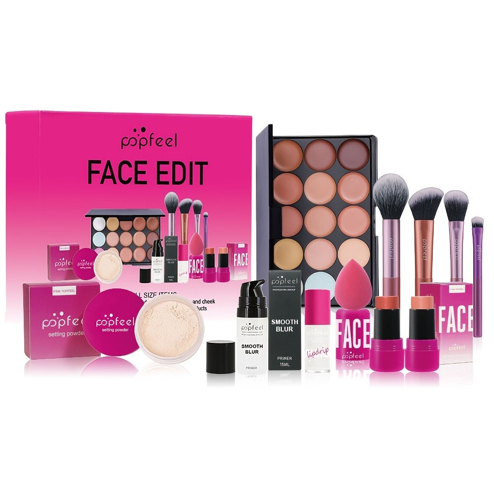 Pink Face Makeup Set with 15-Pan Face Palette, 9-Pan Color Palette, Four Brushes and Lip, Eye and Powder Products
